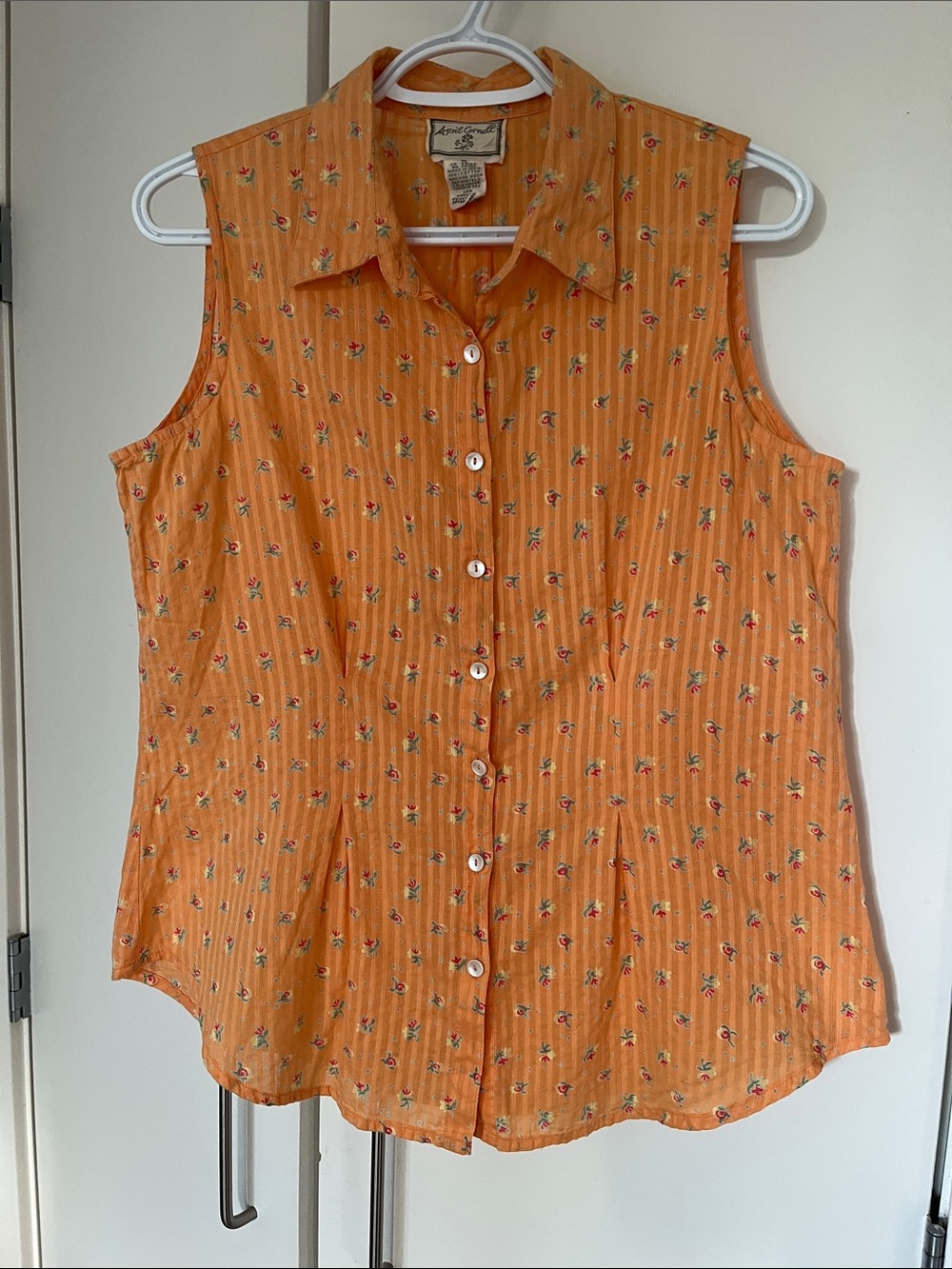 Vintage April Cornell Sleeveless Orange Floral Button-Down Shirt